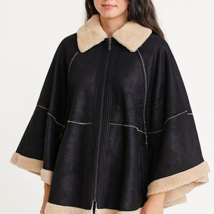 Dennis Basso Sherpa Lined Faux Leather Cape Coat Medium old money quiet luxury